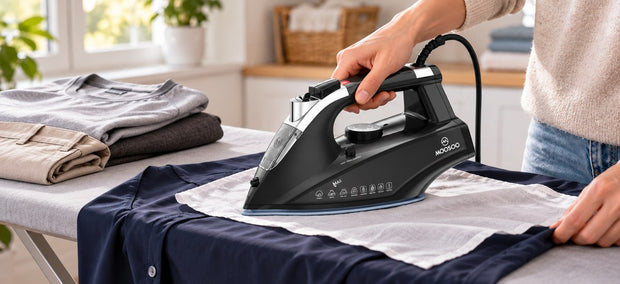 Moosoo SG-8005-1 Dampfbügeleisen glättet eine dunkelblaue Bluse über ein weißes Bügeltuch auf dem Bügelbrett