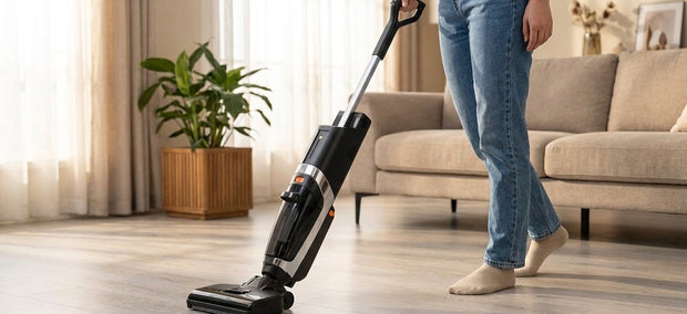 Person reinigt Laminatboden mit dem Lazurec L5 Nass-Trocken-Sauger im Wohnzimmer