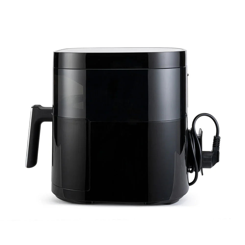 Dualfryer airfryer side view with handle and power cord connection