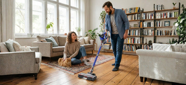 Moosoo AC1 Akku-Staubsauger entfernt Tierhaare im Alltag mit Hund und Katze