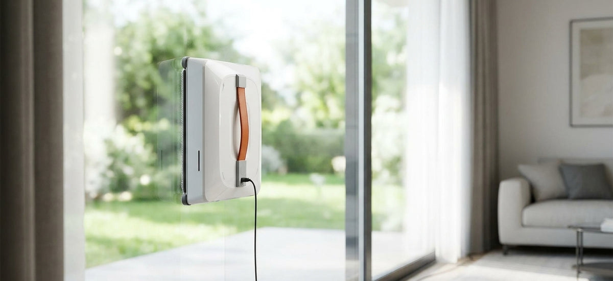 Lazurec A9 Pro Fensterputzroboter mit sichtbarem Kabel an einer großen Fensterfront