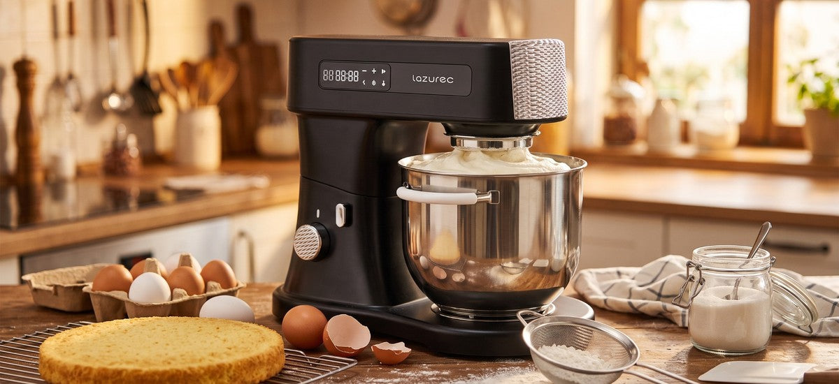Lazurec Bakara Mix ONE Küchenmaschine mit luftig aufgeschlagener Biskuitmasse, daneben ein goldener Biskuitboden und Eier