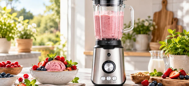 Wilfa Smooth Standmixer mit cremigem Frozen Joghurt im Krug, daneben eine Schale Frozen Joghurt mit Beeren