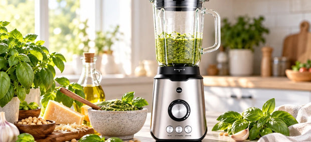 Wilfa Smooth Standmixer mit frischem grünem Basilikum-Pesto im Krug, daneben Basilikum, Parmesan, Pinienkerne und Olivenöl