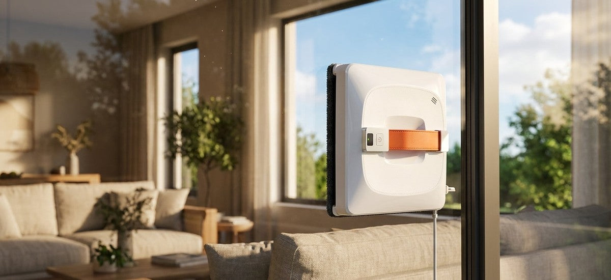 Fensterputzroboter Lazurec A9 Pro an einem grossen Fenster im hellen Wohnzimmer