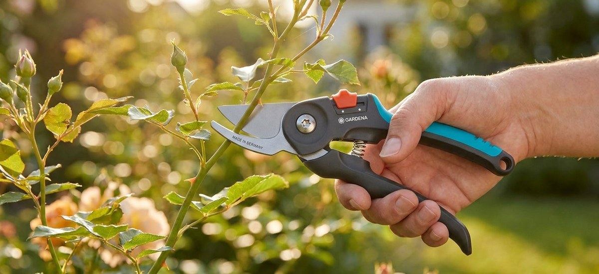 Gardena Bypass-Gartenschere schneidet einen Trieb im Garten – NIVAROQ Ratgeber