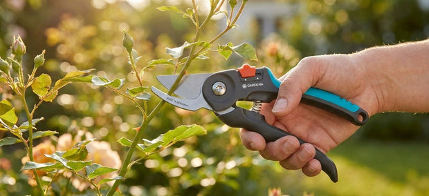 Gardena Bypass-Gartenschere schneidet einen Trieb im Garten – NIVAROQ Ratgeber
