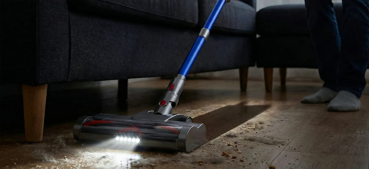 Kabelloser Akku-Handstaubsauger saugt Krümel von einem Holzboden neben dem Sofa
