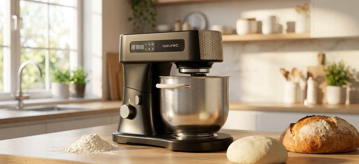 Lazurec Bakara Mix ONE Küchenmaschine mit Edelstahlschüssel auf einer Küchenarbeitsplatte