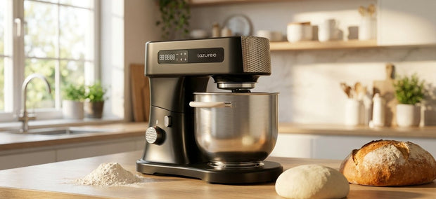 Lazurec Bakara Mix ONE Küchenmaschine mit Edelstahlschüssel auf einer Küchenarbeitsplatte
