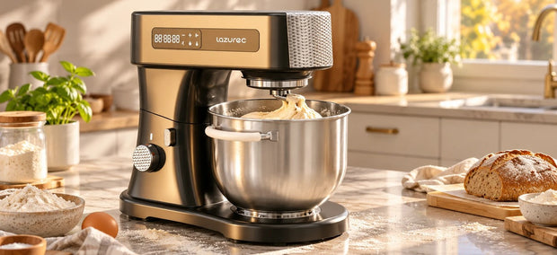 Lazurec Bakara Mix ONE Küchenmaschine knetet Hefeteig in der Edelstahlschüssel in einer hellen Küche