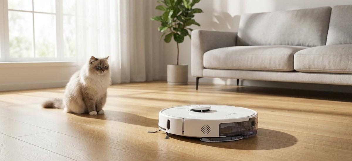 Weisser Saugroboter mit LiDAR-Turm reinigt Wohnzimmerboden, Katze im Hintergrund