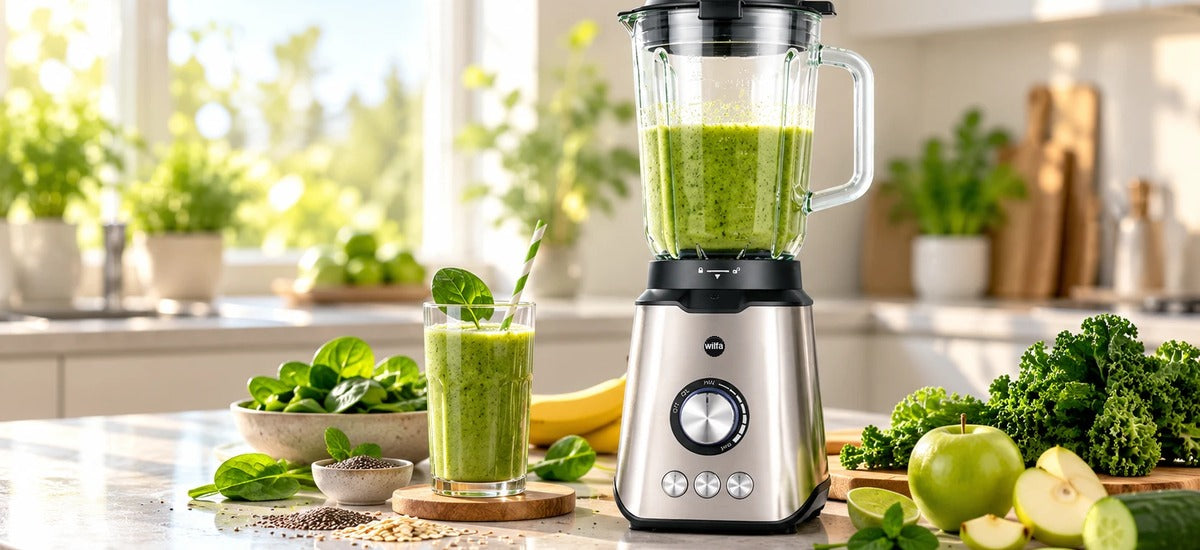 Wilfa Smooth Standmixer mit grünem Smoothie im Glaskrug, daneben Spinat, Grünkohl und Obst