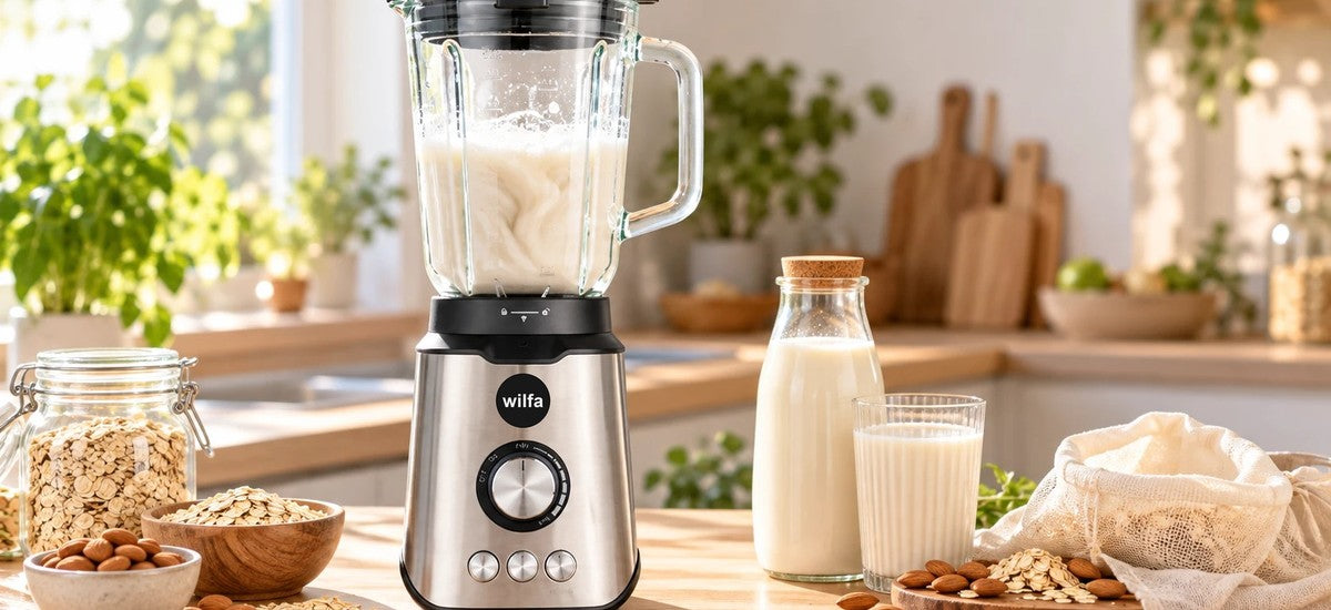 Wilfa Smooth Standmixer mit selbst gemachter Pflanzenmilch, dazu Haferflocken und Mandeln