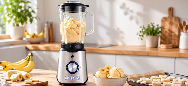 Wilfa Smooth Standmixer mit cremiger Bananen-Nicecream im Glaskrug, daneben eine Schale Bananeneis, frische Bananen und ein Blech mit gefrorenen Bananenscheiben