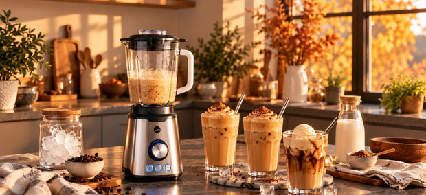 Wilfa Smooth Standmixer mit Eiskaffee im Glaskrug, daneben zwei Frappés und ein Eiskaffee mit Vanilleeis im Herbstlicht