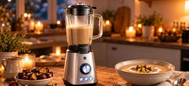 Wilfa Smooth Standmixer mit Maronensuppe im Glaskrug, daneben geröstete Maronen und ein Teller Maronensuppe am Winterabend
