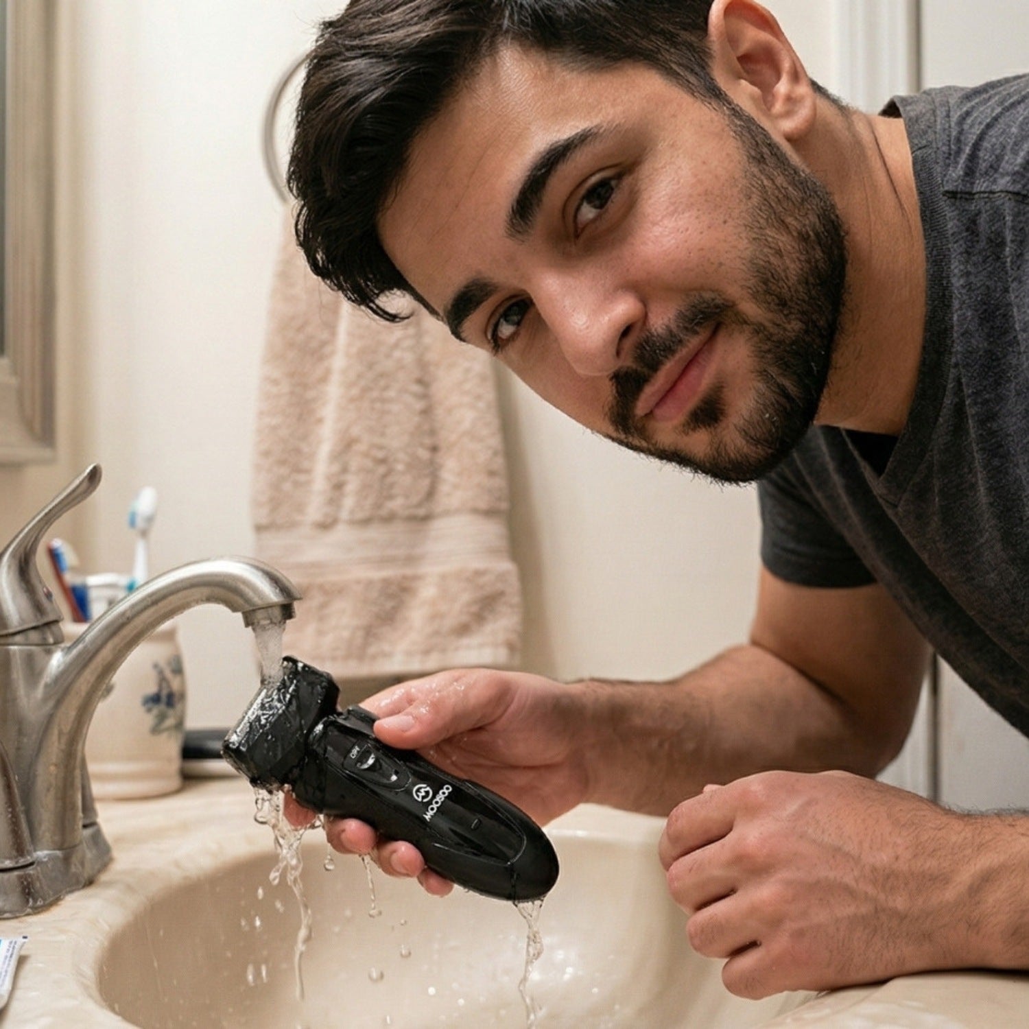 Mann reinigt einen elektrischen Rasierer unter fließendem Wasser am Waschbecken im Badezimmer.