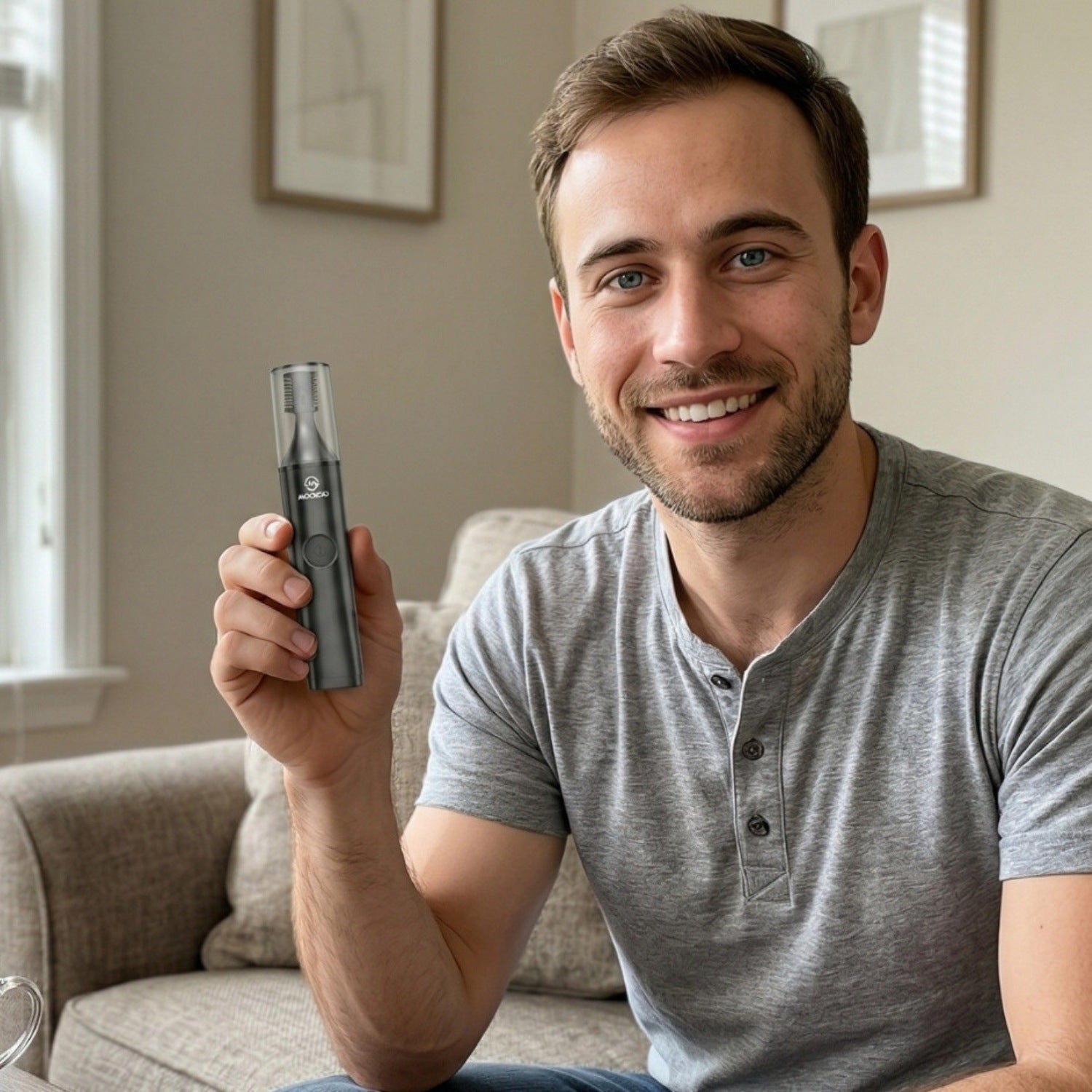 Mann hält einen elektrischen Trimmer in der Hand und lächelt in die Kamera im Wohnzimmer.