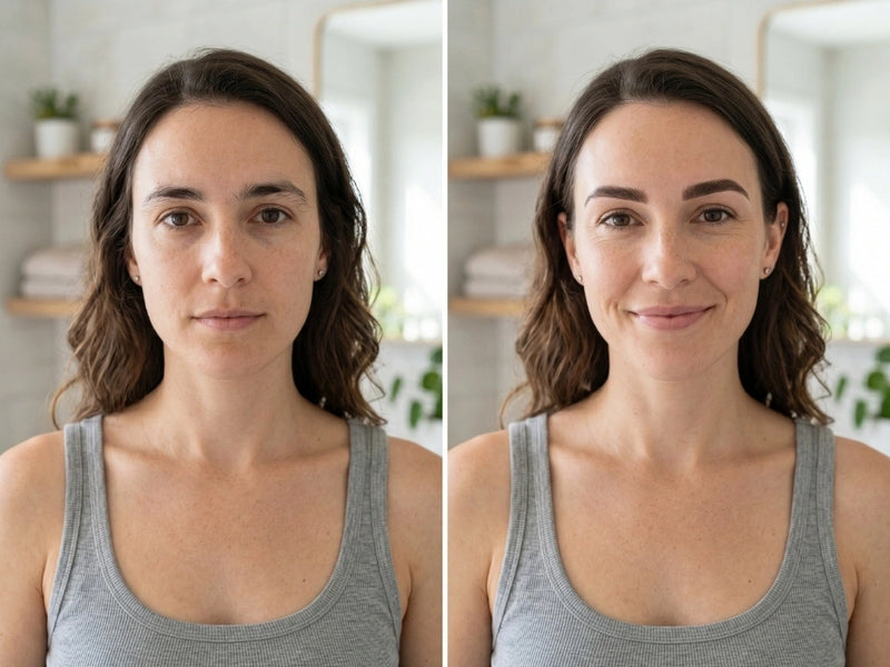 Vorher-Nachher-Bild einer Frau mit natürlich wirkenden, gepflegt definierten Augenbrauen für einen frischeren Gesichtsausdruck