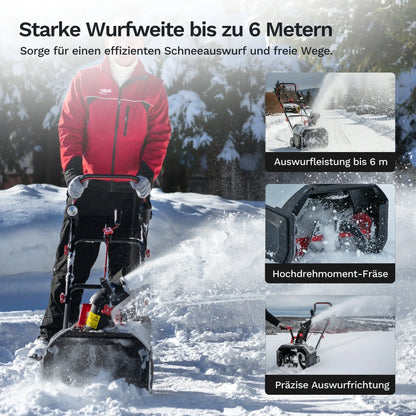 Akku-Schneefräse mit Auswurfhaube und Räumschnecke, bereit für breiten Schneeabtrag