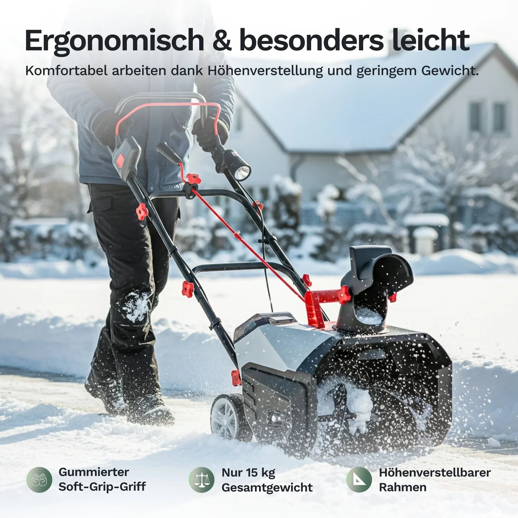 Akku-Schneefräse mit Soft-Grip Griffen und höhenverstellbarem Rahmen am Schubbügel