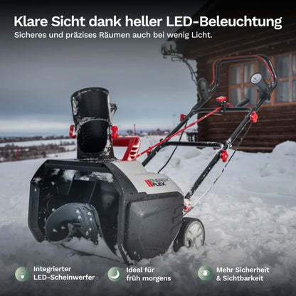 Akku-Schneefräse mit LED-Scheinwerfer am Auswurfgehäuse und Schneeschutz vorne