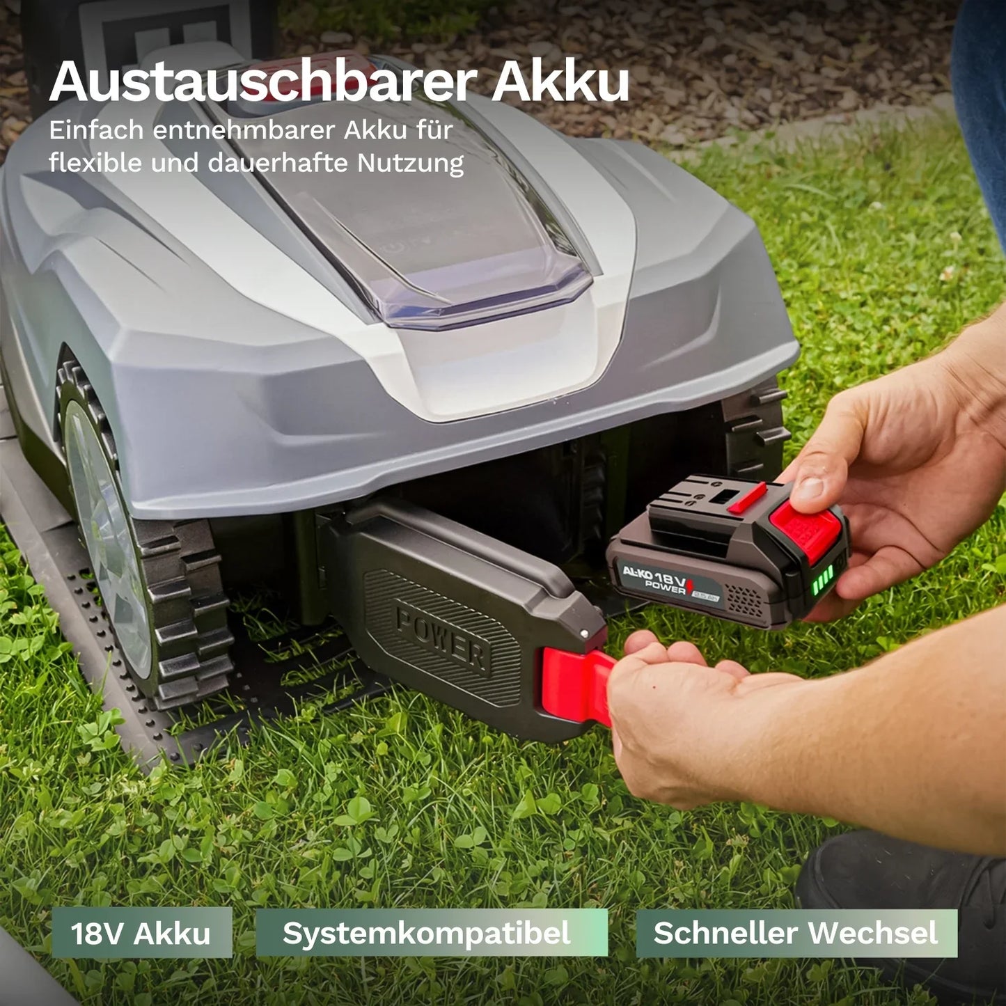 Austauschbarer Akku am Mähroboter, Hand entnimmt den Akkupack an der Unterseite