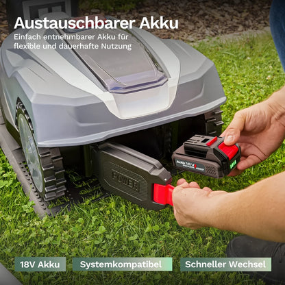 Austauschbarer Akku am Mähroboter, Hand entnimmt den Akkupack an der Unterseite
