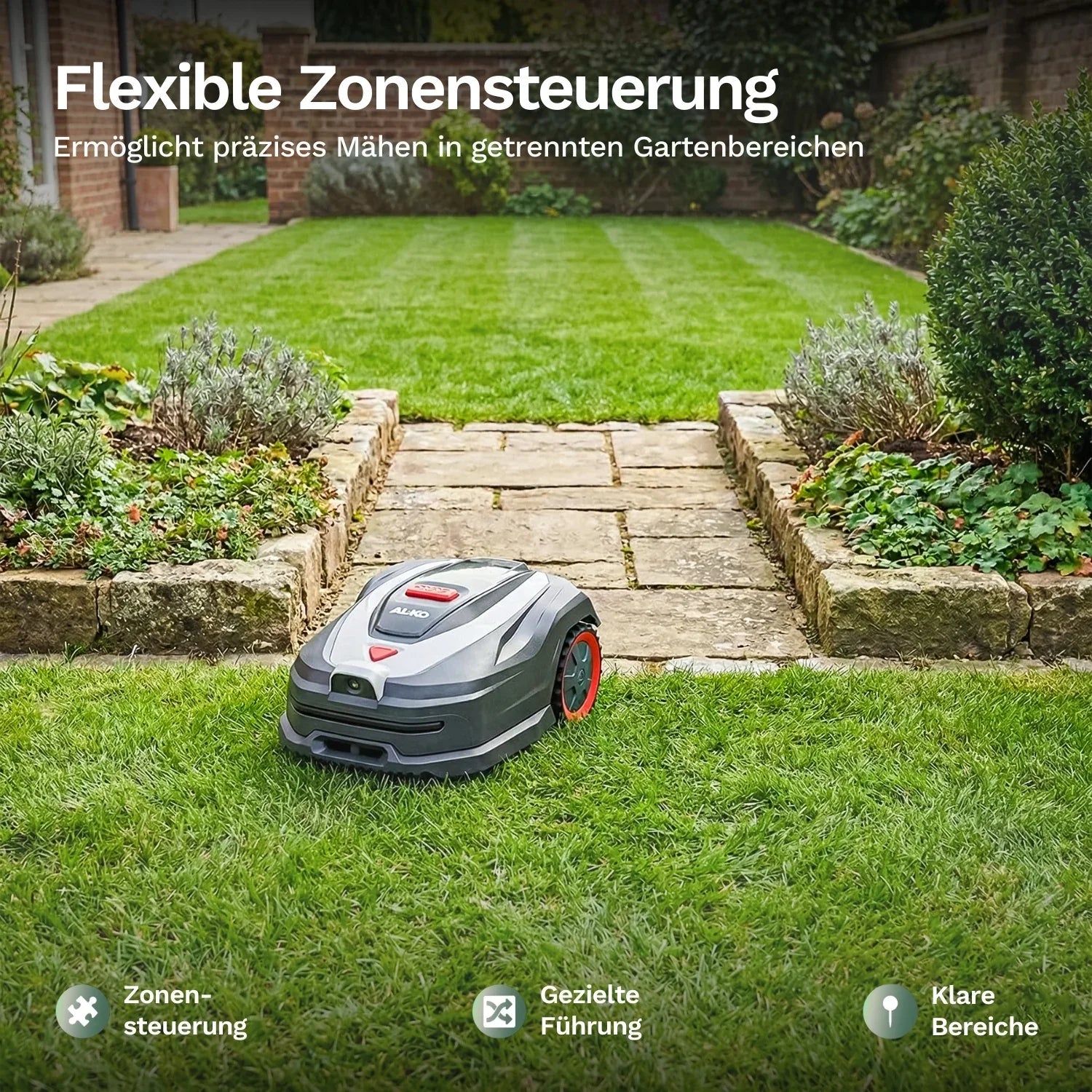 Mähroboter vor einem gepflasterten Weg im Garten, kompakte Form mit roten Akzenten
