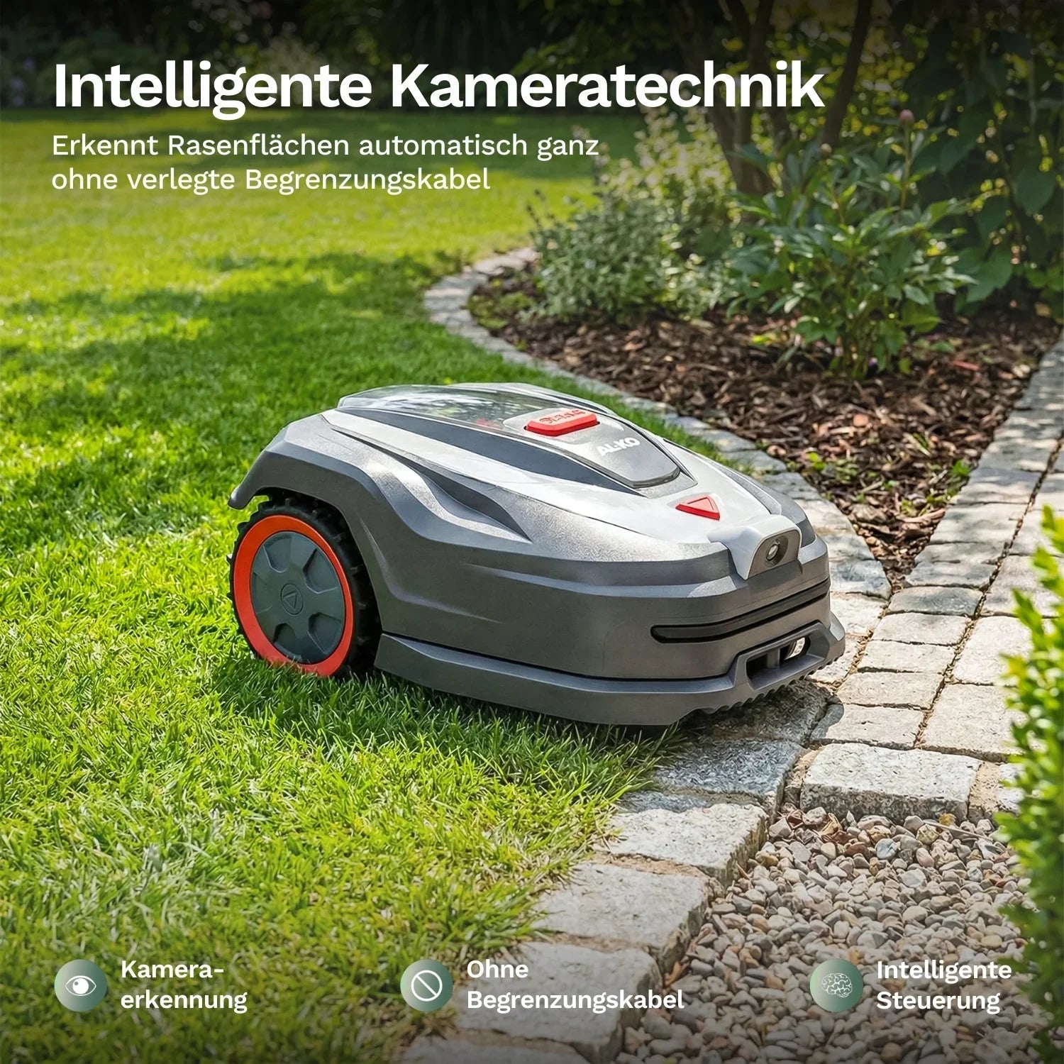 Mähroboter auf Rasenkante neben Gehwegsteinen, vorne mit rotem Radring
