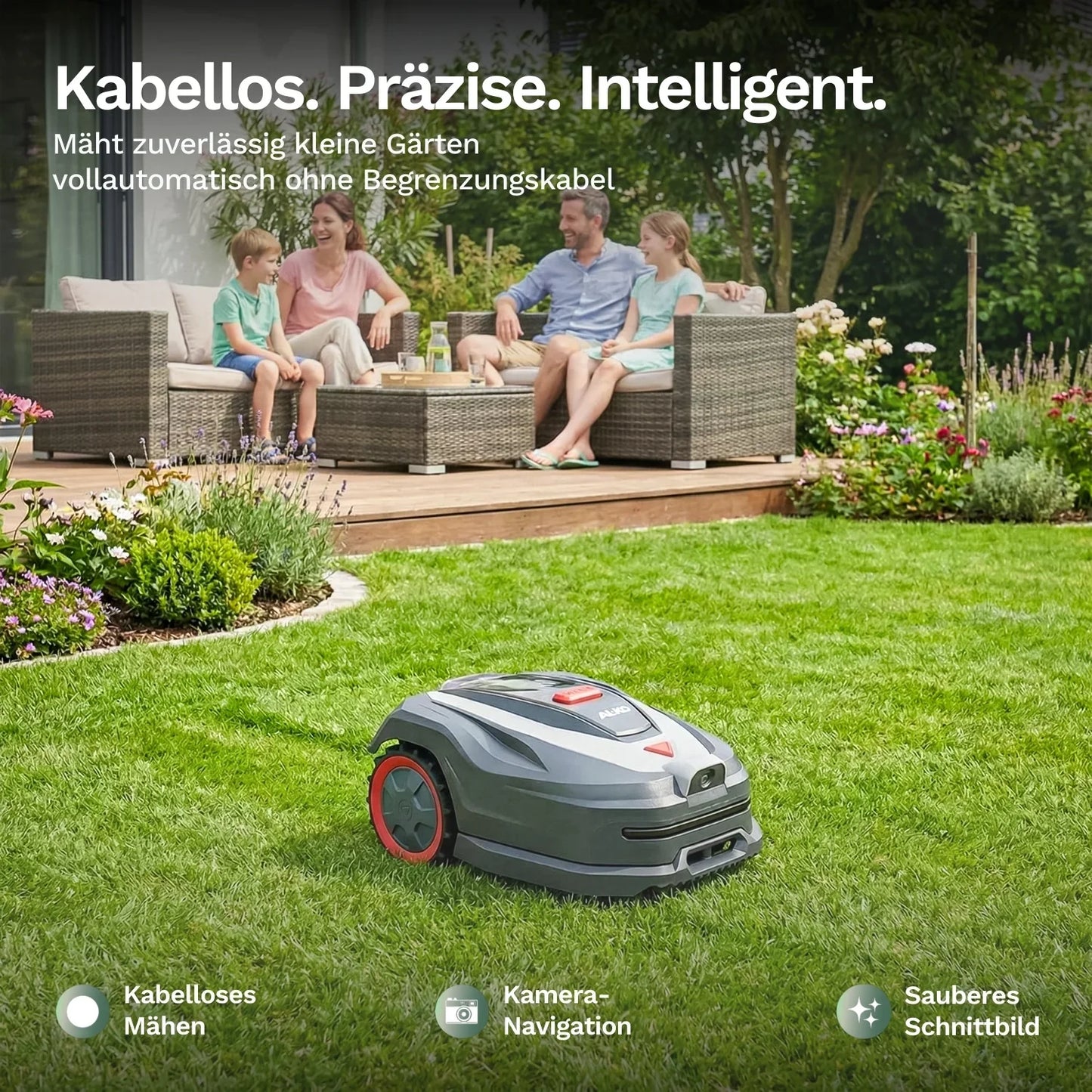 Mähroboter in Grau mit rotem Radring und schmalem Gehäuse, flach auf der Rasenfläche