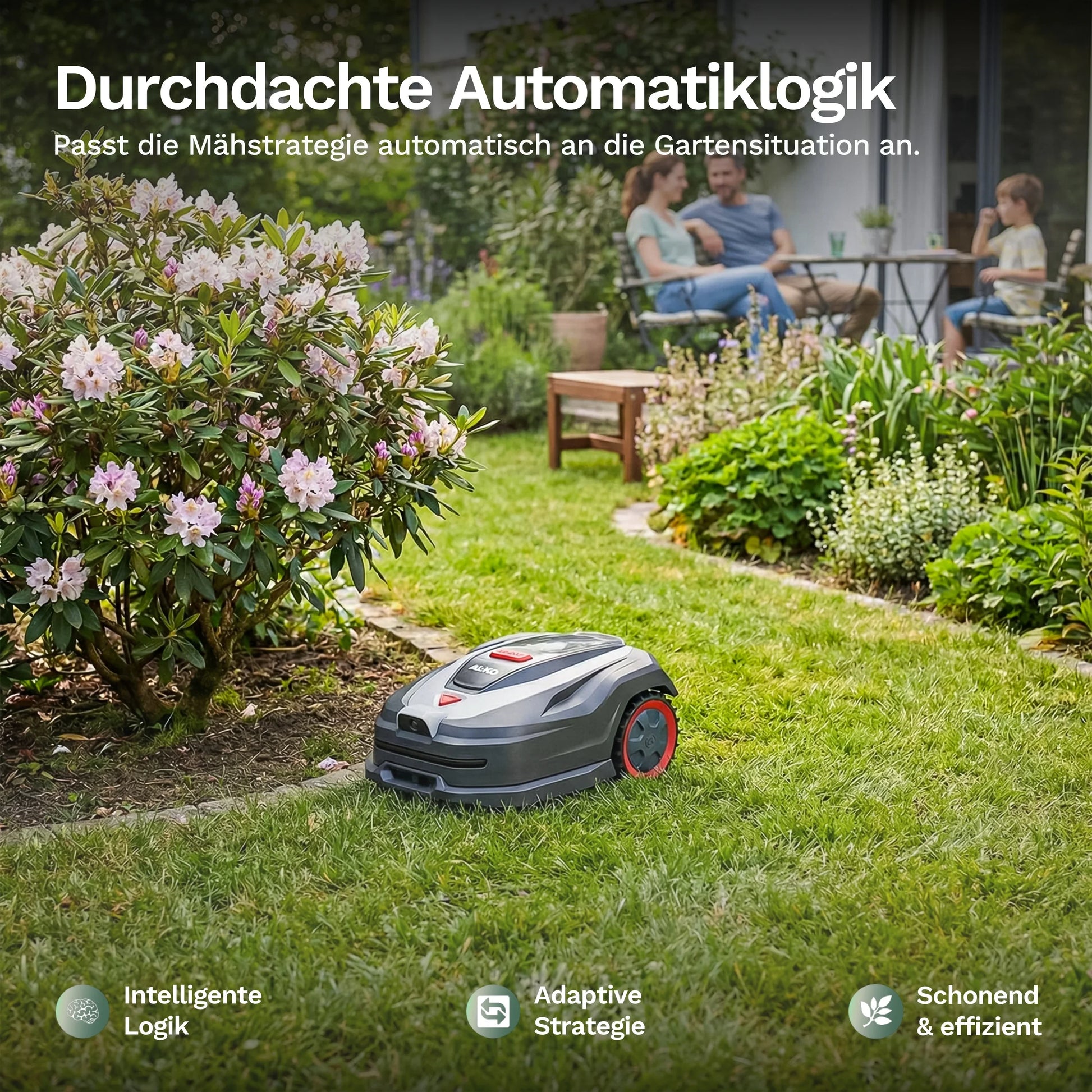 Mähroboter Robolinho 500 Vision, anthrazit/silber, Frontansicht mit rotem Schutzrahmen