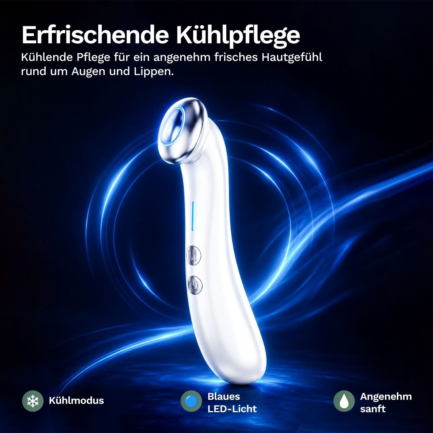 Augenmassagegerät im Kühlmodus, silberfarben, blauer LED-Ring und beleuchteter Balken
