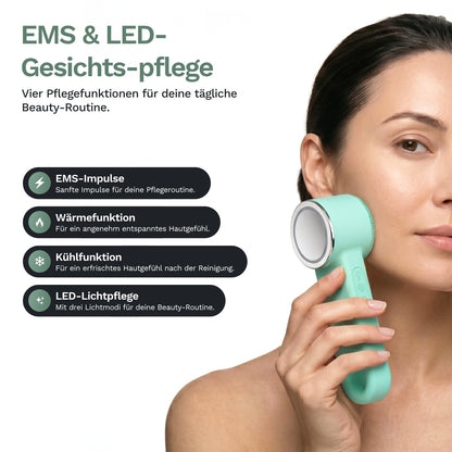A woman uses the Lazurec Care 083 mint green Gesichtsreinigungsbürste mit Wärme- & Kühlfunktion on her cheek. Text highlights EMS, heating/cooling, and LED light care—essential features for your skincare routine.