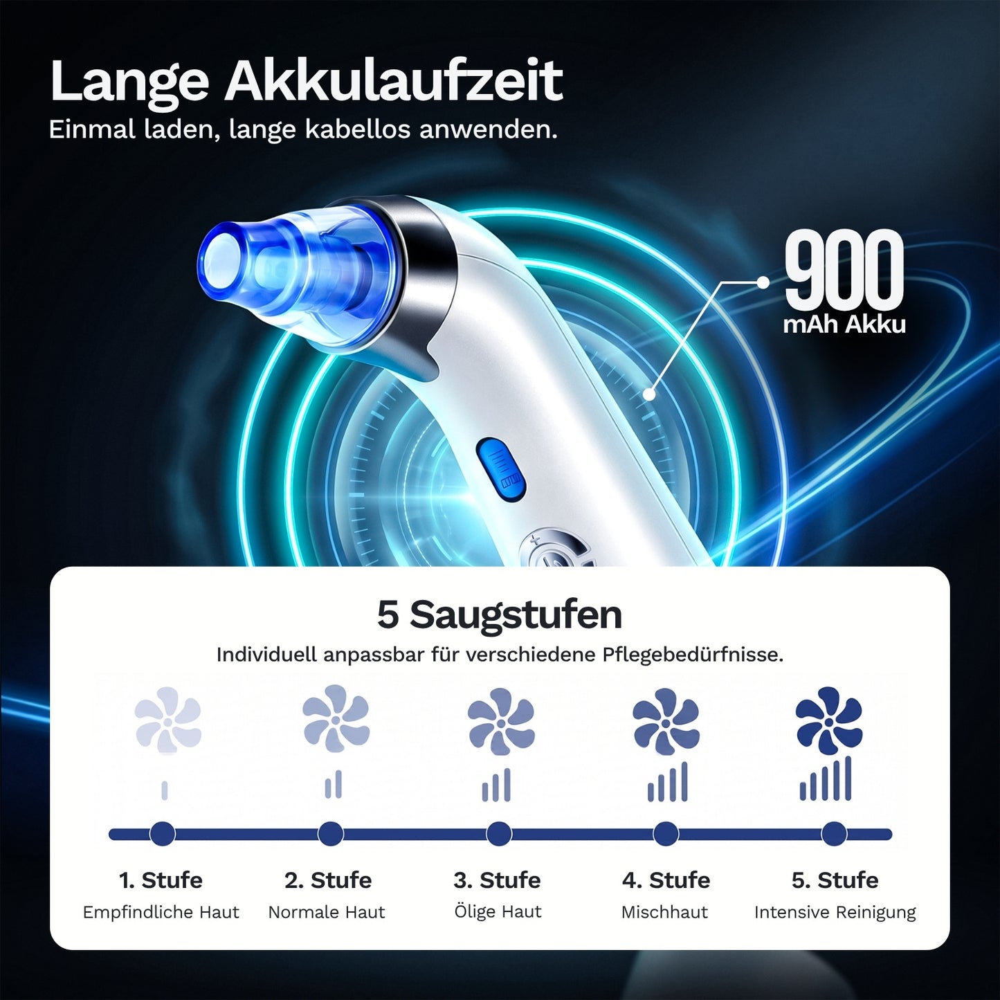 Porenreiniger für Gesicht mit blauem Saugaufsatz und Einstellrad