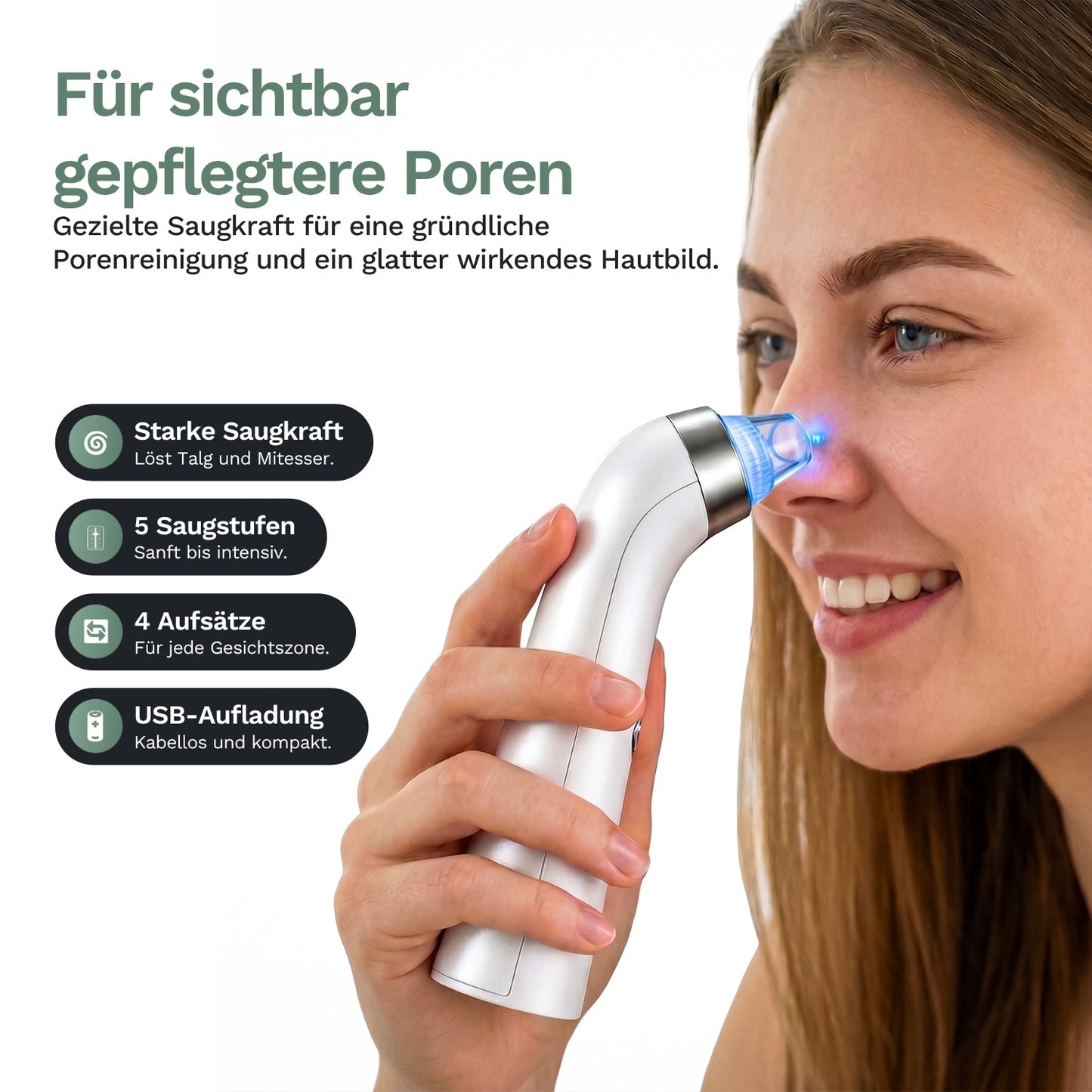 Porenreiniger für Gesicht am Gesicht angewendet, blauer Saugkopf
