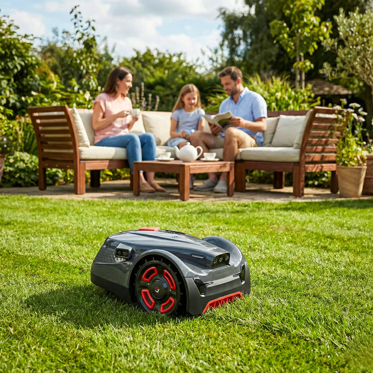Leiser Betrieb im Alltag: Mähroboter arbeitet im Hintergrund, während die Familie entspannt im Garten sitzt