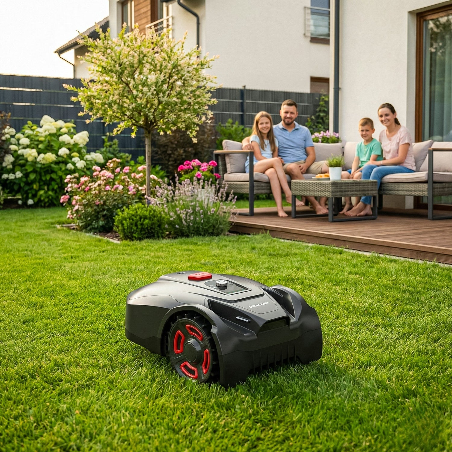 GOALKER Mähroboter arbeitet leise im Garten, während die Familie entspannt auf der Terrasse sitzt