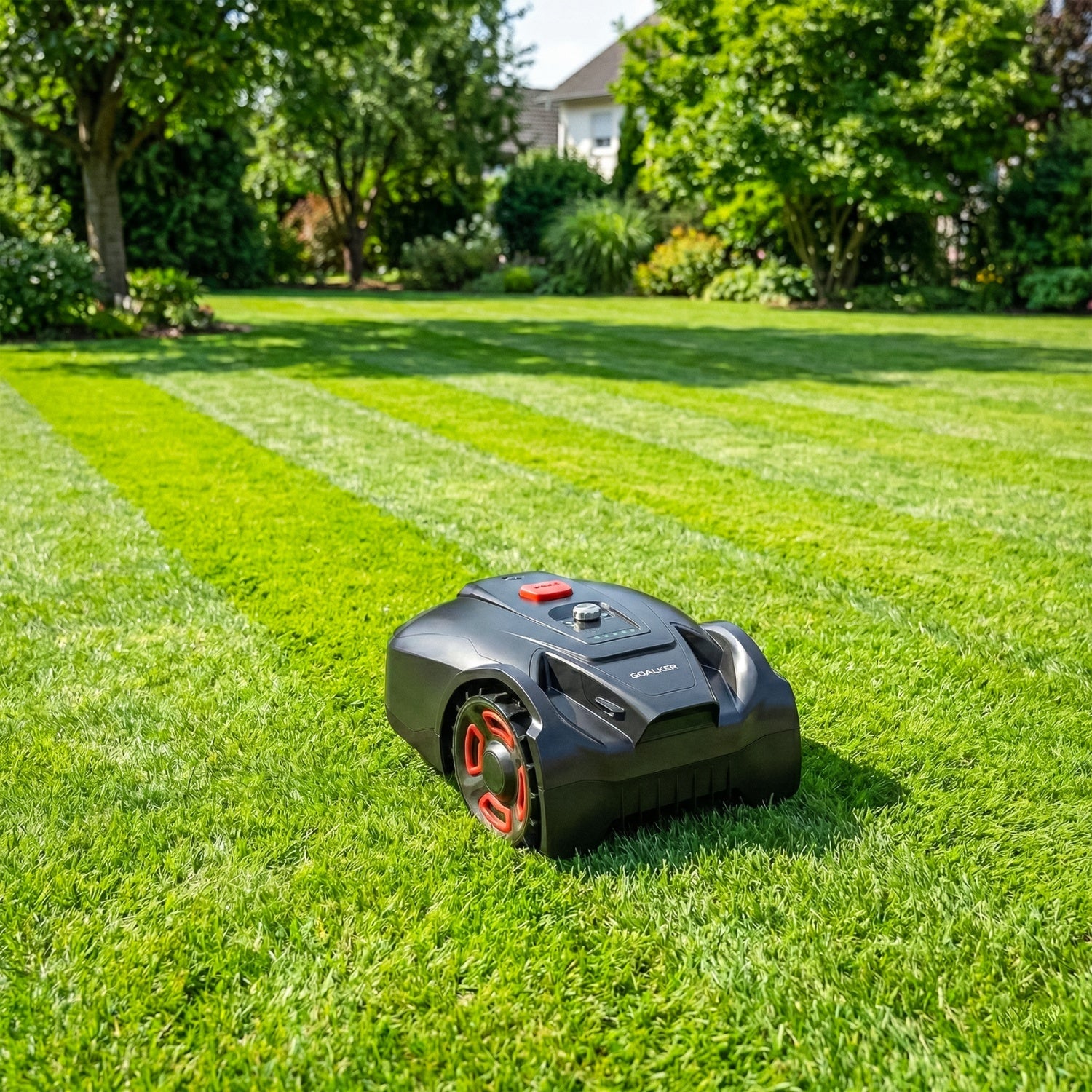 Mähroboter schneidet automatisch den Rasen in einem gepflegten Garten mit gleichmäßigen Schnittstreifen