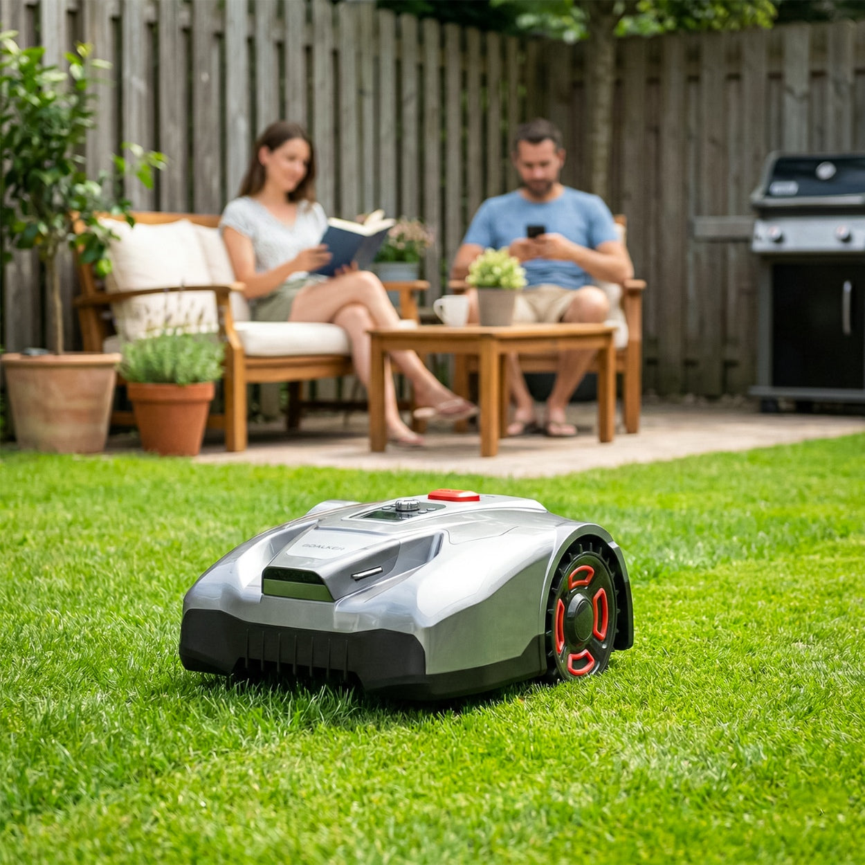 Mähroboter fährt selbstständig über den Rasen, während ein Paar entspannt im Garten auf der Terrasse sitzt
