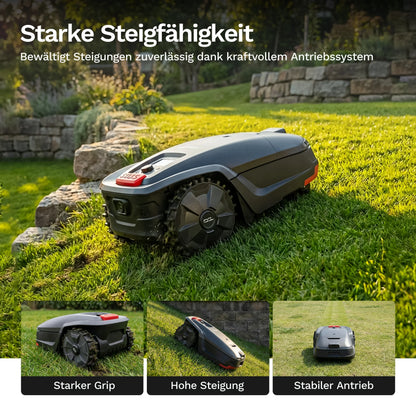 Mähroboter H1 mit Frontantrieb und großen Antriebsrädern, kompakte Bauform
