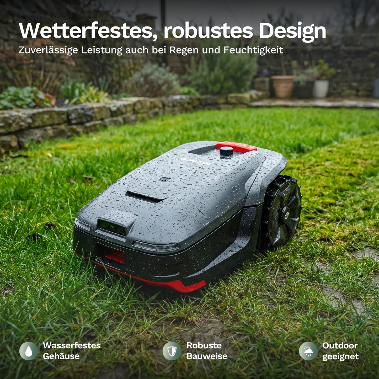 Mähroboter H1 mit Wasserperlen am Gehäuse, dunkle Form mit rotem Stoßrand