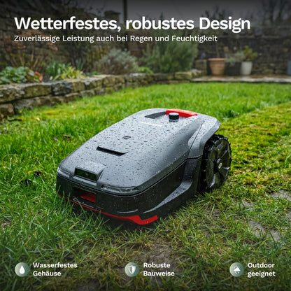 Mähroboter H1 mit Wasserperlen am Gehäuse, dunkle Form mit rotem Stoßrand