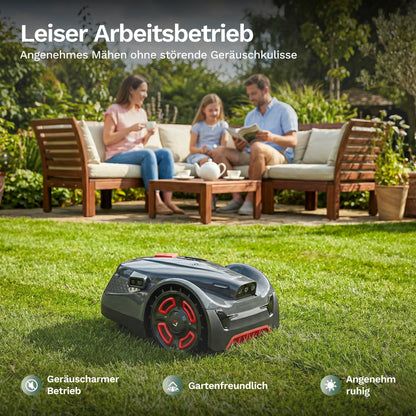 Mähroboter H3+ mit roten Rädern, Front-Sensorfenster und rotem Knopf
