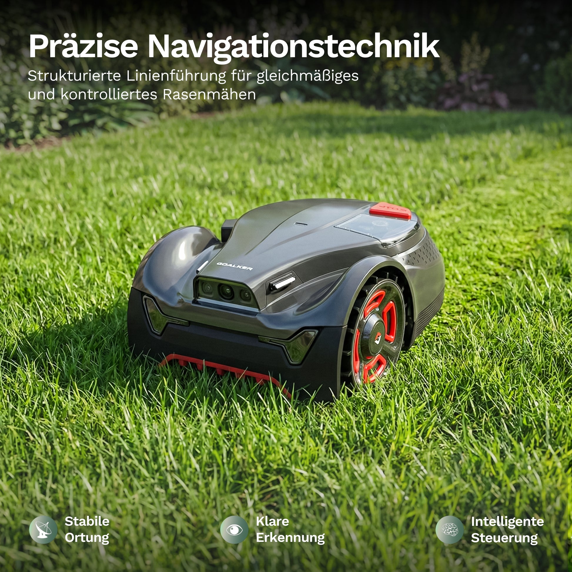 Mähroboter H3+ in Grau mit roten Antriebsrädern und rotem Display