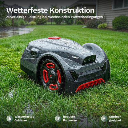 Mähroboter H3+ mit Wassertropfen am Gehäuse, rotem Stoßschutz und roten Rädern