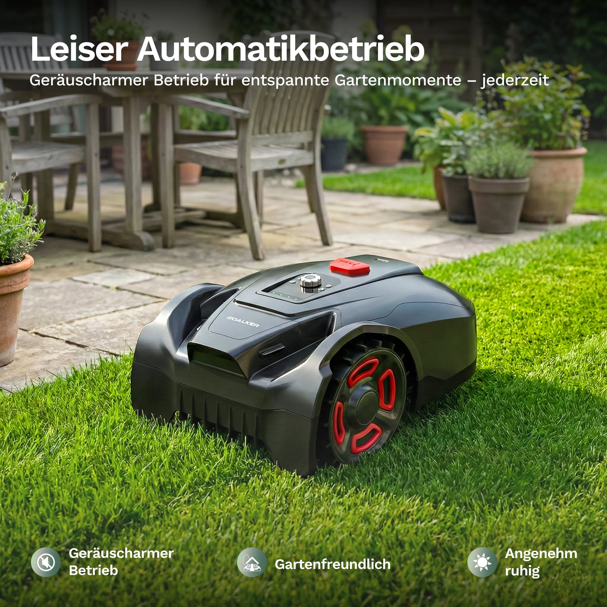 Goalker H3 Mähroboter im Gras, geöffnete Frontansicht mit roten Radrahmen