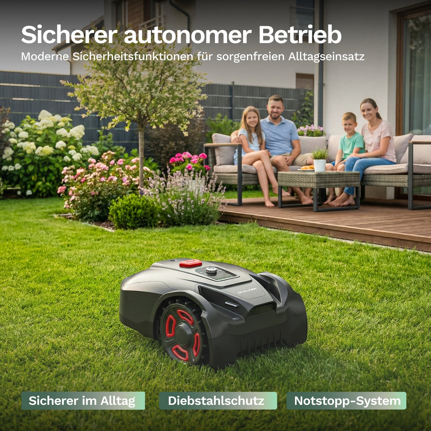 Goalker H3 Mähroboter mit Sicherheits-/Bedienelementen oben, Räder vorn sichtbar