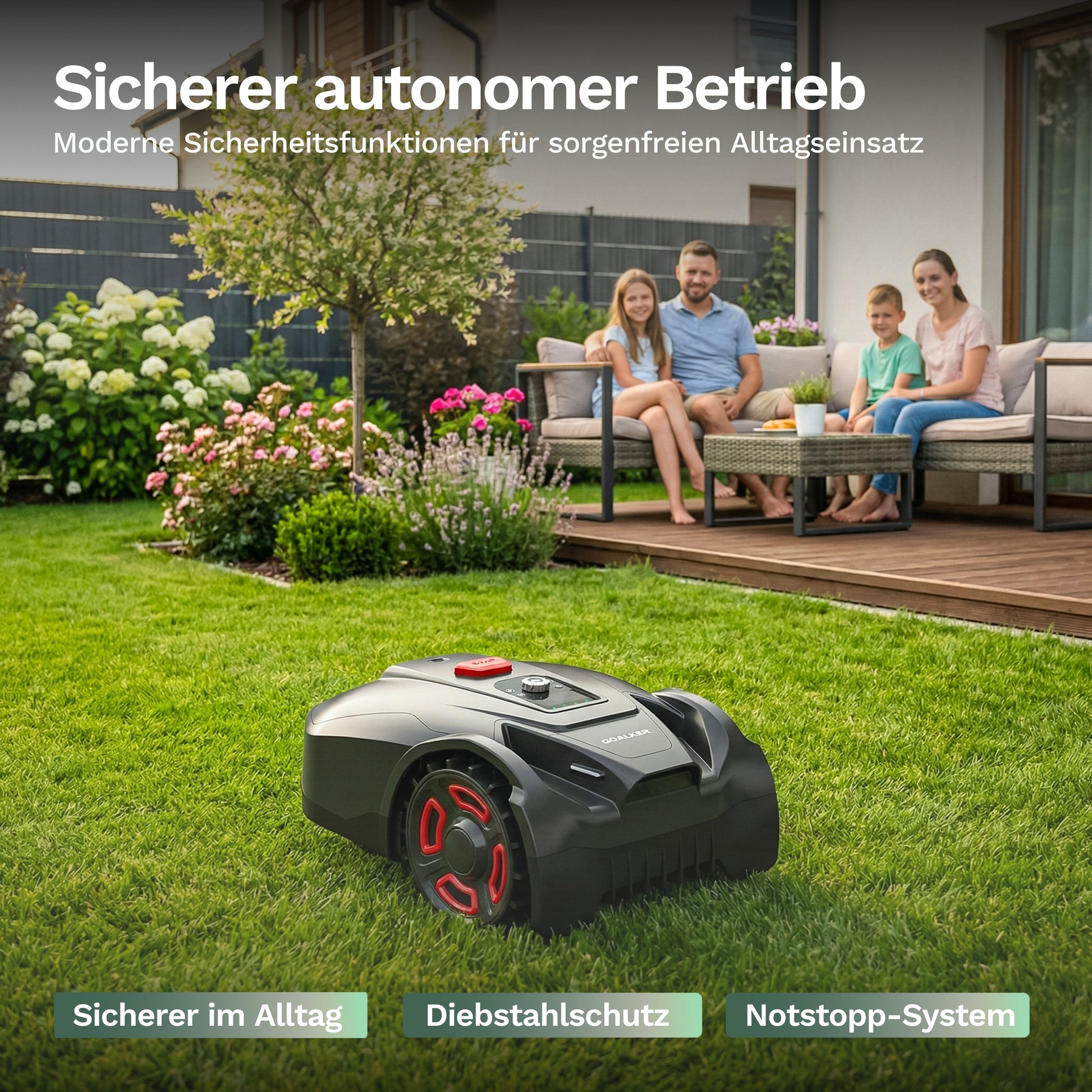 Goalker H3 Mähroboter mit Sicherheits-/Bedienelementen oben, Räder vorn sichtbar